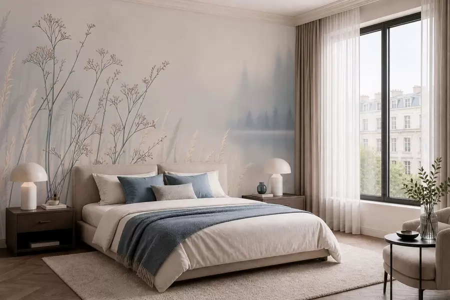 peintures murales Herbes des prés au bord de l'eau dans un paysage brumeux w05534