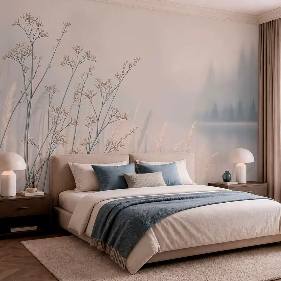 Wall Mural Photo Wallpaper Meadow grasses by water in misty landscape w05534