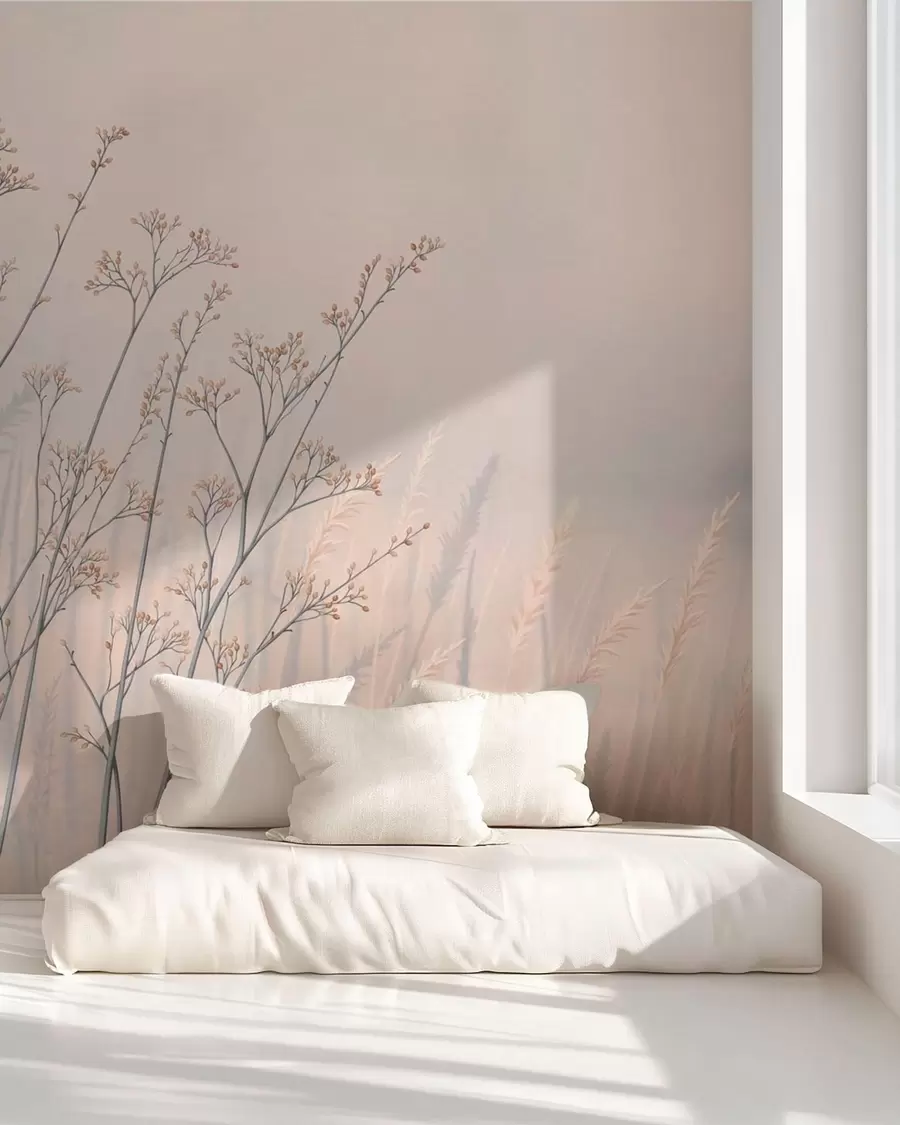 peintures murales Herbes des prés au bord de l'eau dans un paysage brumeux w05534