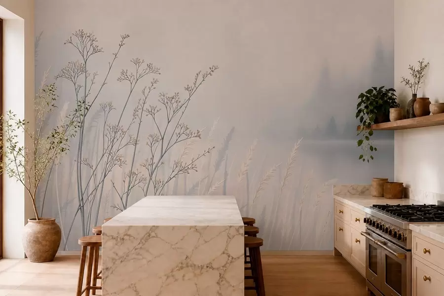 Wall Mural Photo Wallpaper Meadow grasses by water in misty landscape w05534