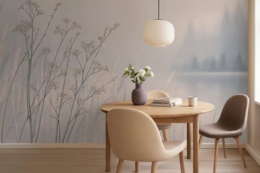 Wall Mural Photo Wallpaper Meadow grasses by water in misty landscape w05534