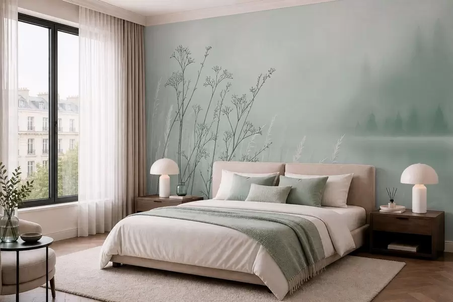 peintures murales De fines tiges d'herbe sur un fond naturel flou w05534v1