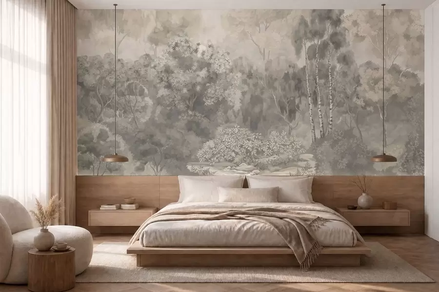 murales Paisaje forestal de tonos claros con un río w05542