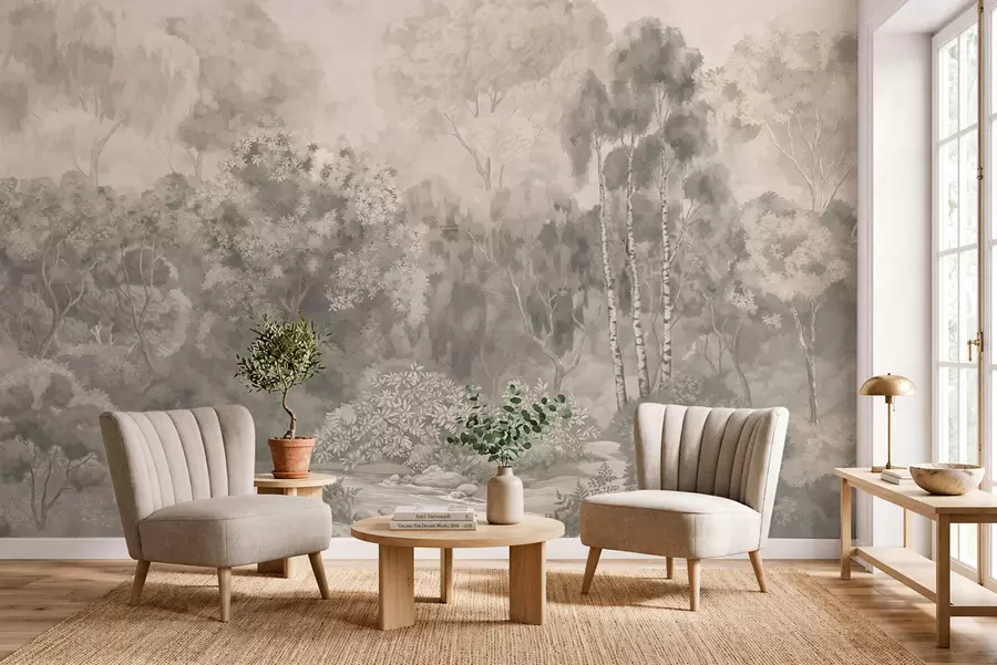 wall murals Light-toned forest landscape with river w05542