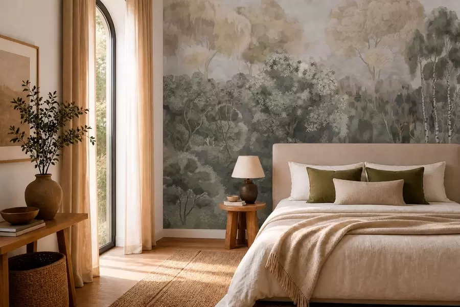 murales Paisaje forestal con un río y árboles frondosos w05542v1