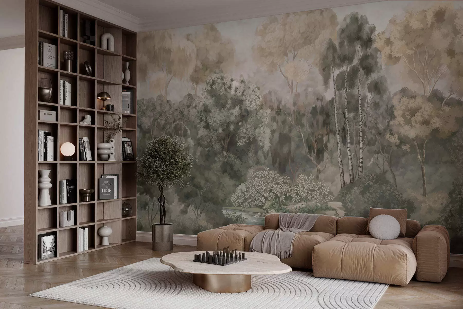 wall murals Forest scene with river and dense trees w05542v1