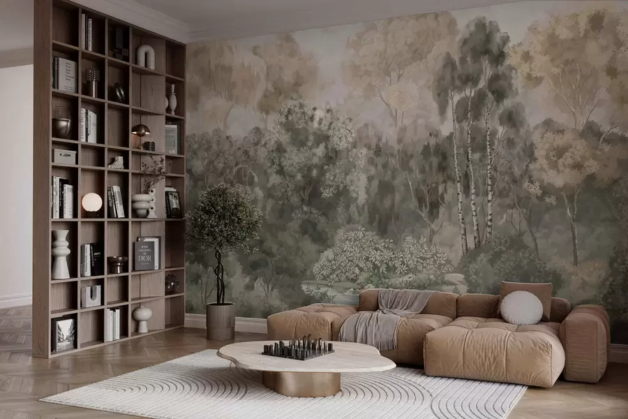 peintures murales Scène forestière avec une rivière et des arbres touffus w05542v1