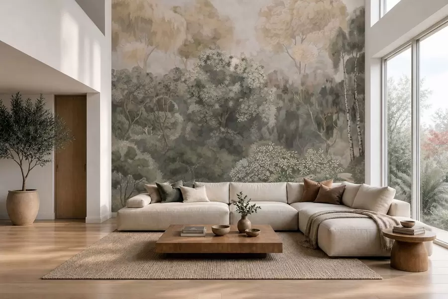 wall murals Forest scene with river and dense trees w05542v1