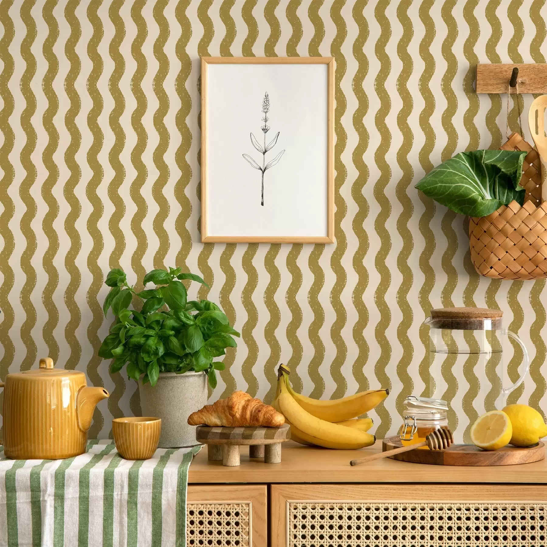 murais de parede Padrão ondulado amarelo sobre fundo creme a01188v5