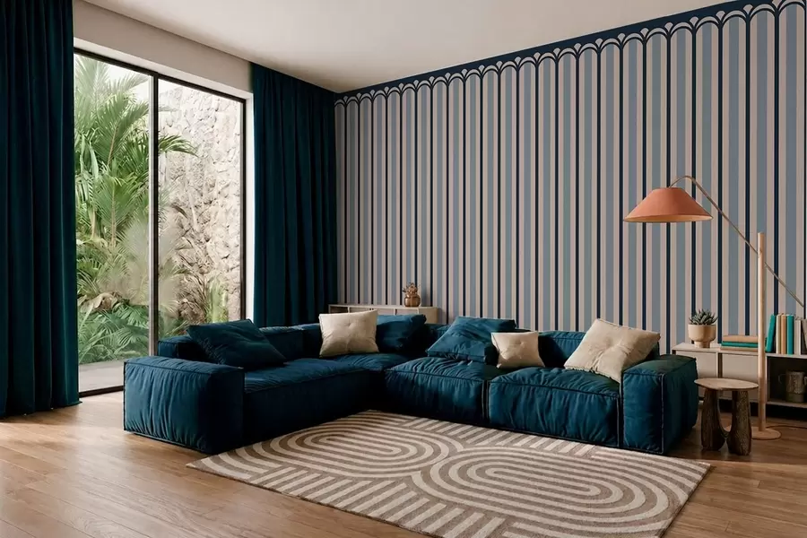 murales Adorno vertical en tonos crema y azul w05610