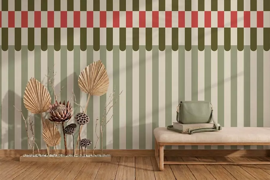 Wall Mural Photo Wallpaper Striped pattern in green and coral tones w05150v4