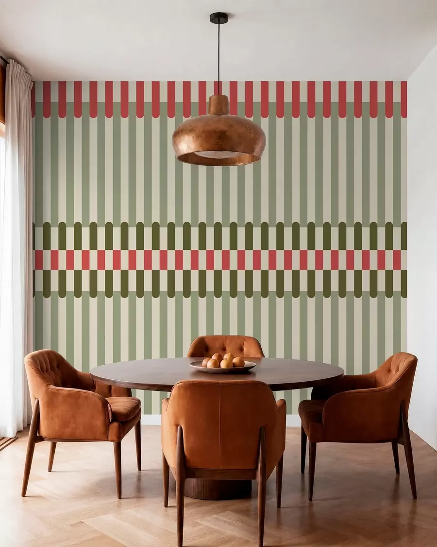 wall murals Striped pattern in green and coral tones w05150v4