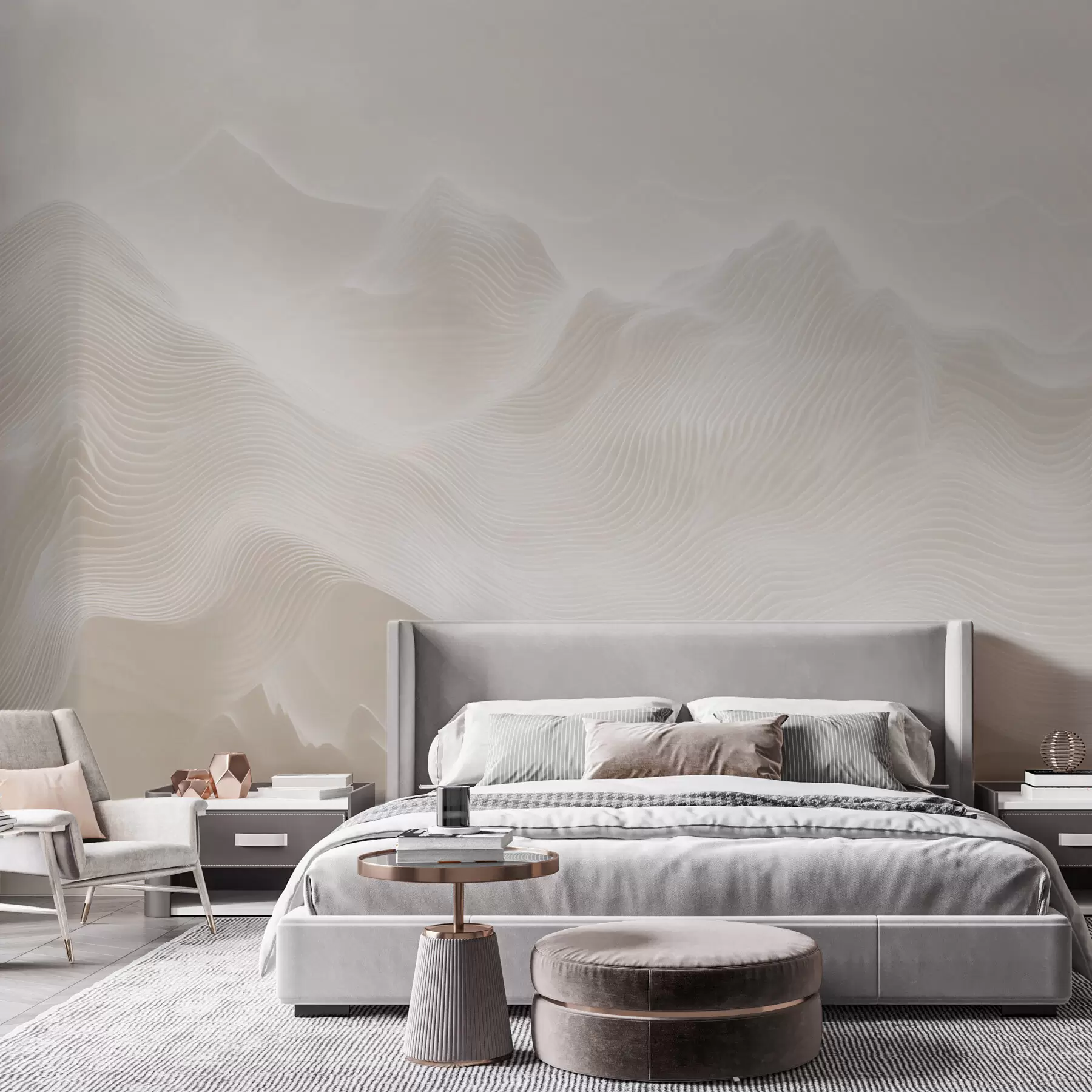 murales Montañas onduladas abstractas en tonos beige, de estilo minimalista w09713