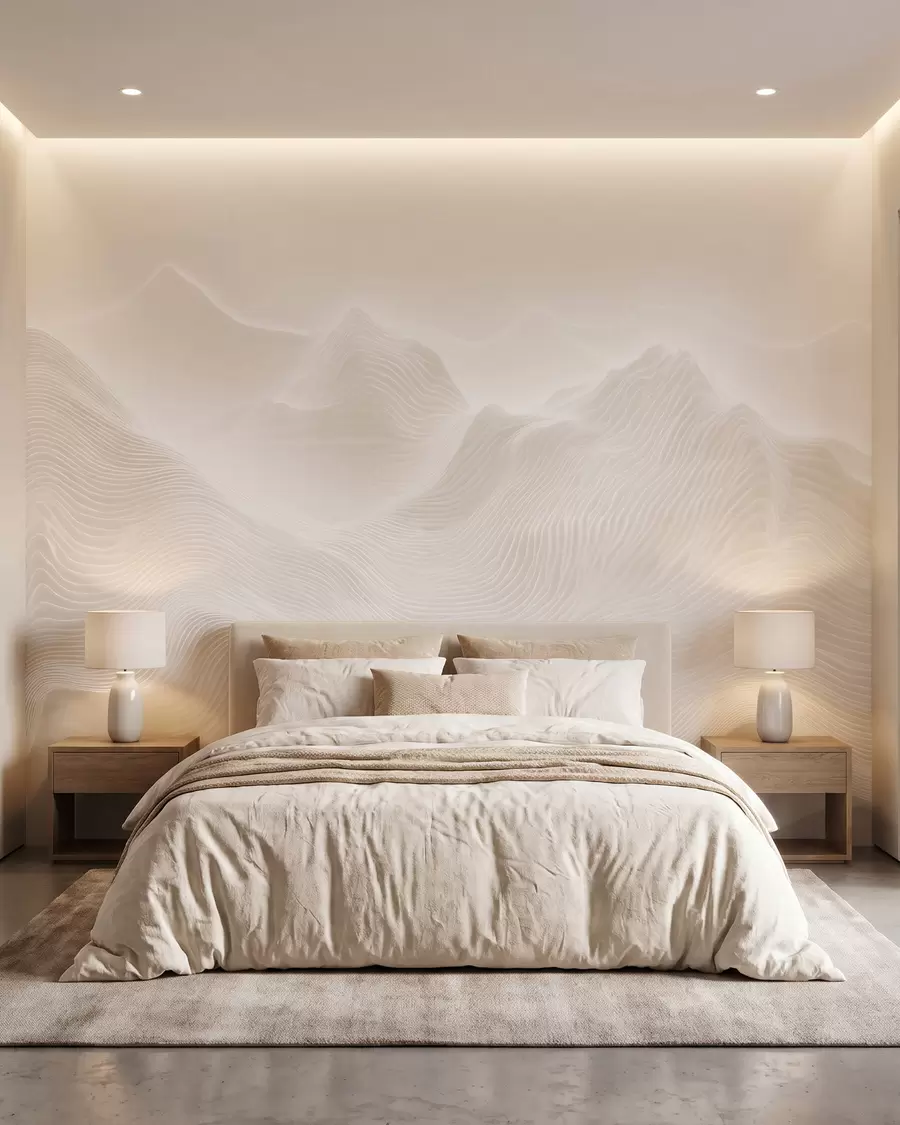 peintures murales Montagnes abstraites aux contours ondulés, dans une palette de tons beiges, dans un style minimaliste w09713