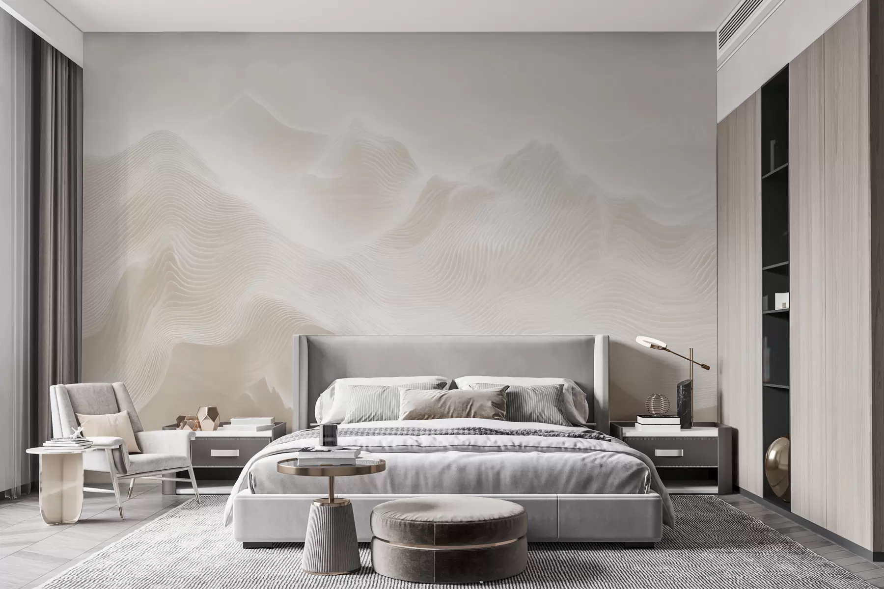 murais de parede Montanhas abstratas onduladas numa paleta de tons bege, em estilo minimalista w09713