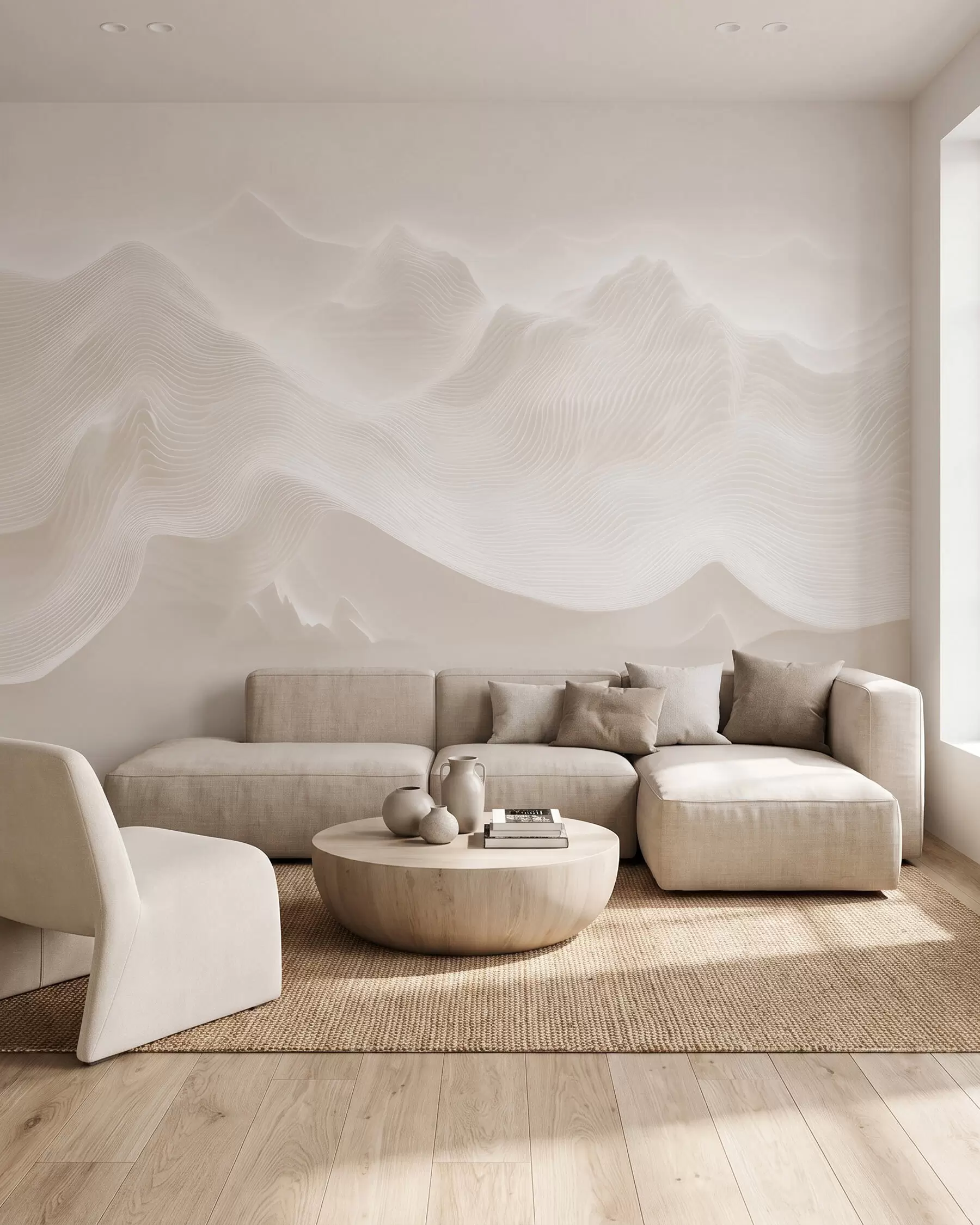 Wall Mural Photo Wallpaper Abstract wavy mountains in a beige palette in minimalist style w09713