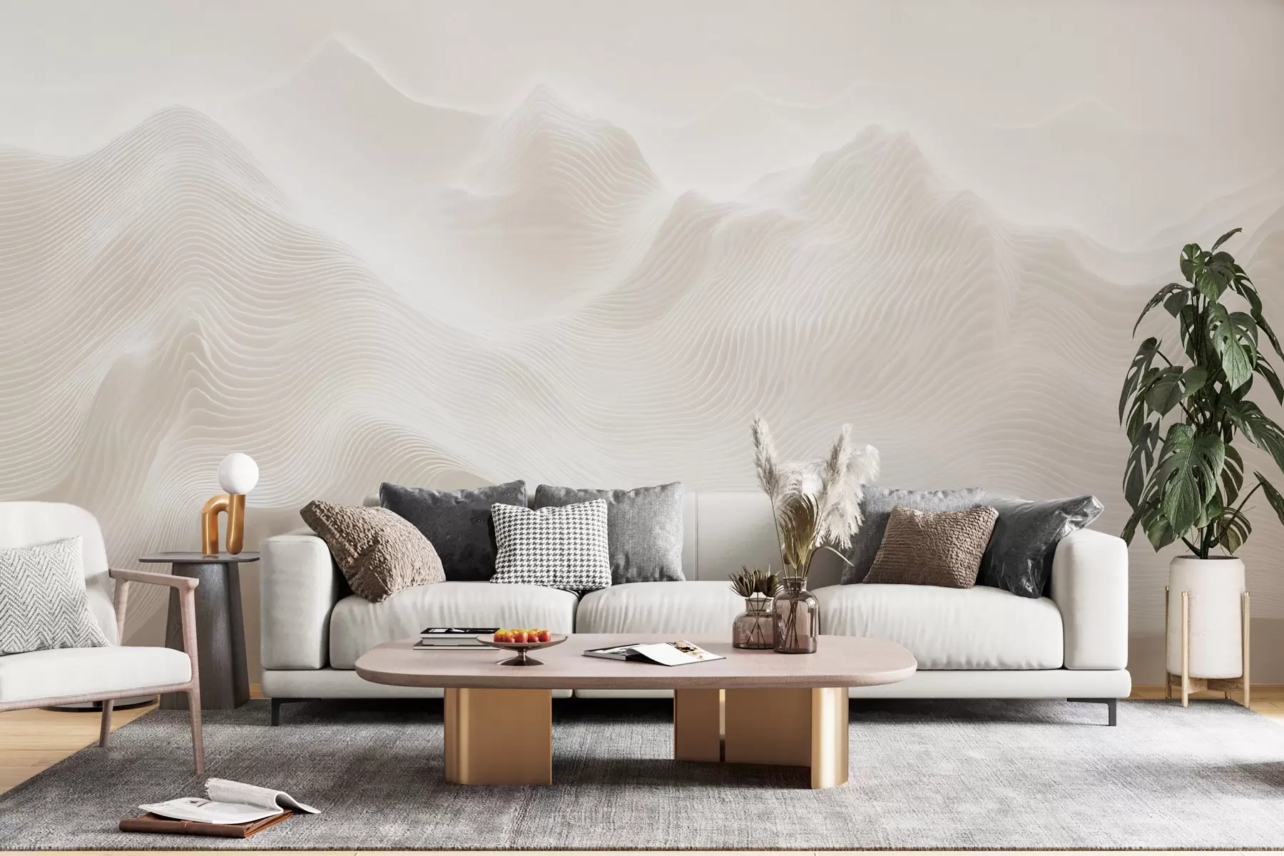 peintures murales Montagnes abstraites aux contours ondulés, dans une palette de tons beiges, dans un style minimaliste w09713
