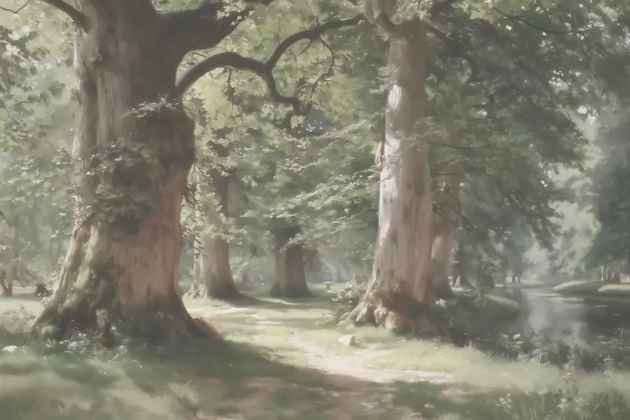 Wall Mural Photo Wallpaper Fairytale forest landscape in a soft green-beige palette in painting style w09845