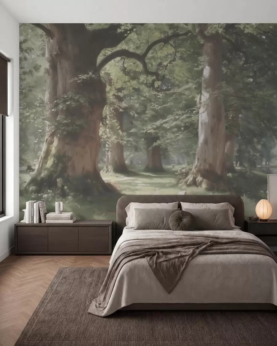 peintures murales Paysage forestier féérique dans une douce palette de verts et de beiges, dans un style pictural w09845