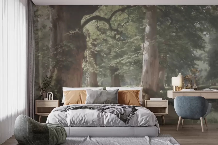 murales Paisaje de bosque de cuento de hadas en una suave paleta de tonos verde y beige, con estilo pictórico w09845