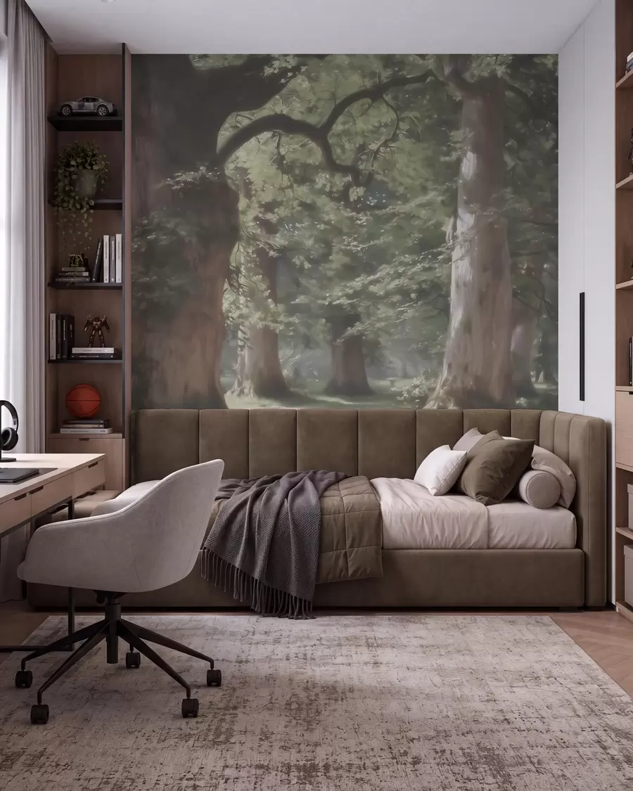 peintures murales Paysage forestier féérique dans une douce palette de verts et de beiges, dans un style pictural w09845