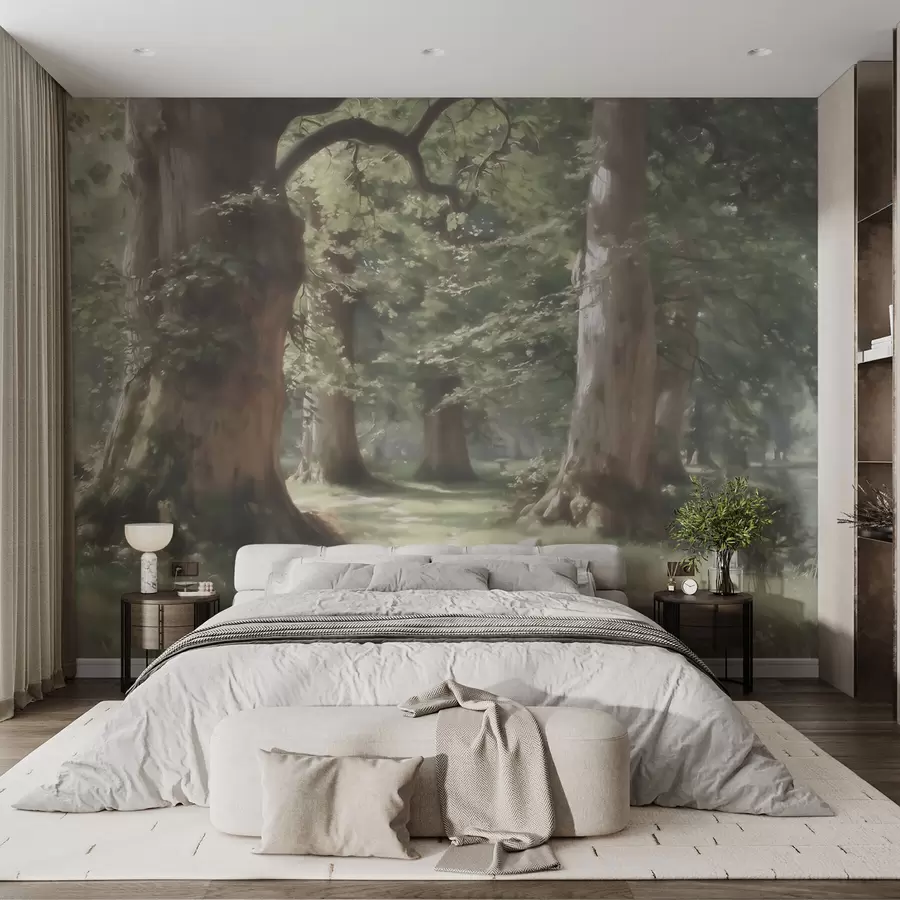 Wall Mural Photo Wallpaper Fairytale forest landscape in a soft green-beige palette in painting style w09845