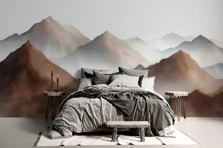 Wall Mural Photo Wallpaper Misty mountain peaks in a beige-brown palette in watercolor style w09857