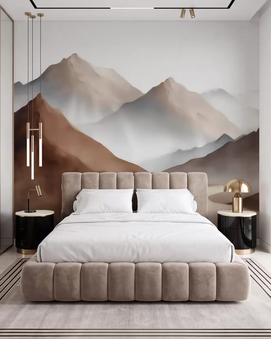 peintures murales Des sommets brumeux dans une palette de tons beige et marron, dans un style aquarelle w09857