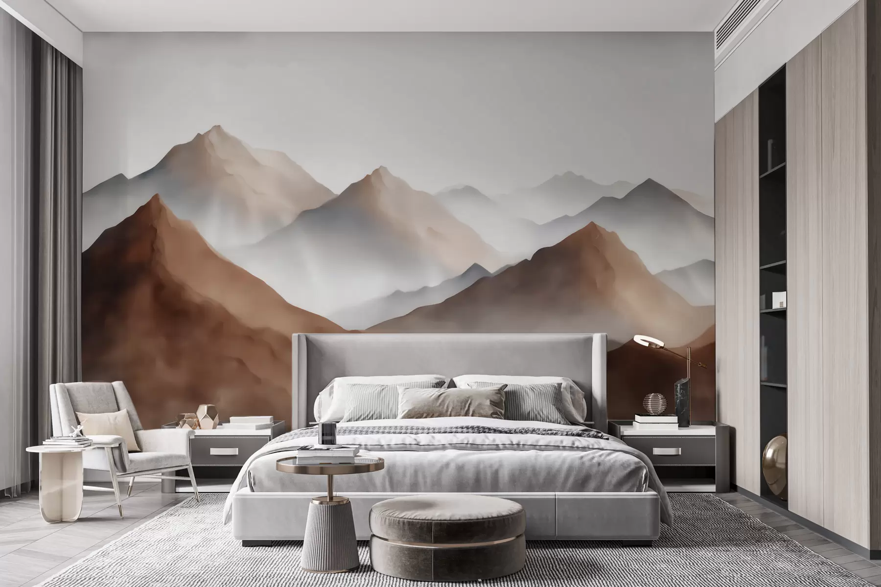 murais de parede Picos montanhosos enevoados numa paleta de tons bege e castanho, em estilo aquarela w09857