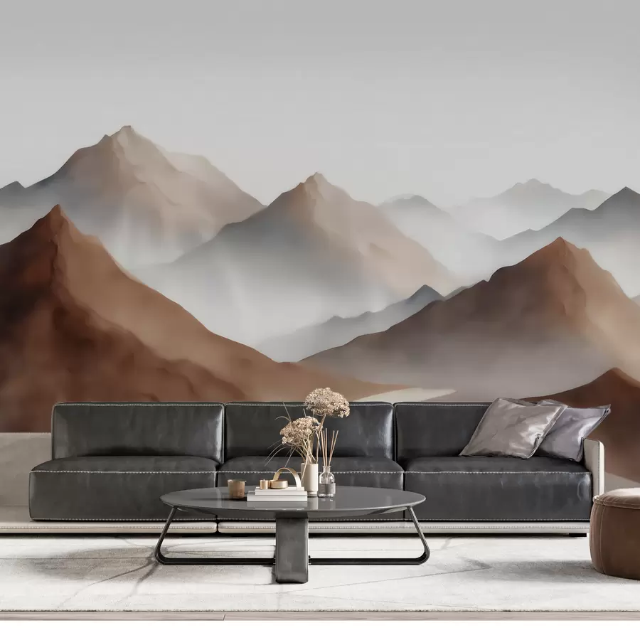 Wall Mural Photo Wallpaper Misty mountain peaks in a beige-brown palette in watercolor style w09857