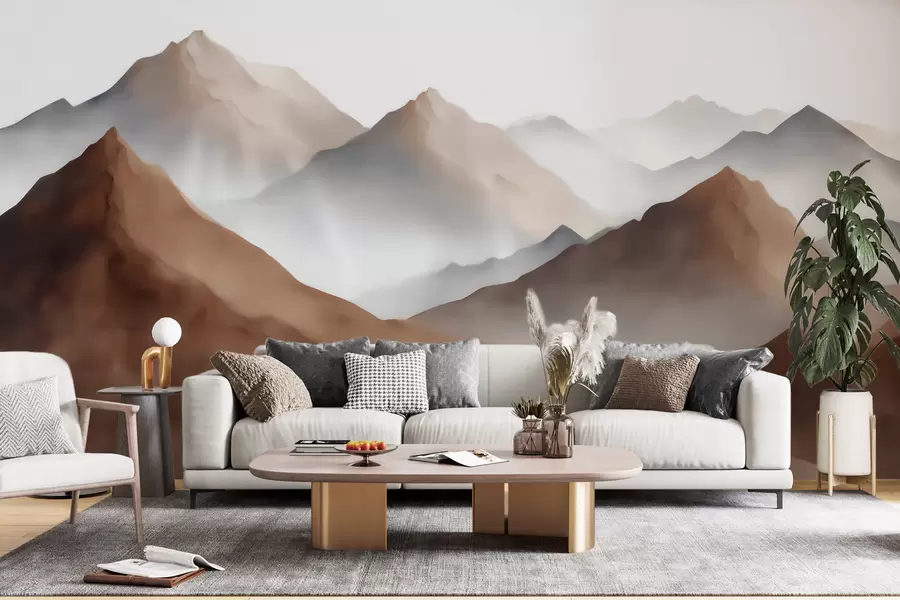 peintures murales Des sommets brumeux dans une palette de tons beige et marron, dans un style aquarelle w09857
