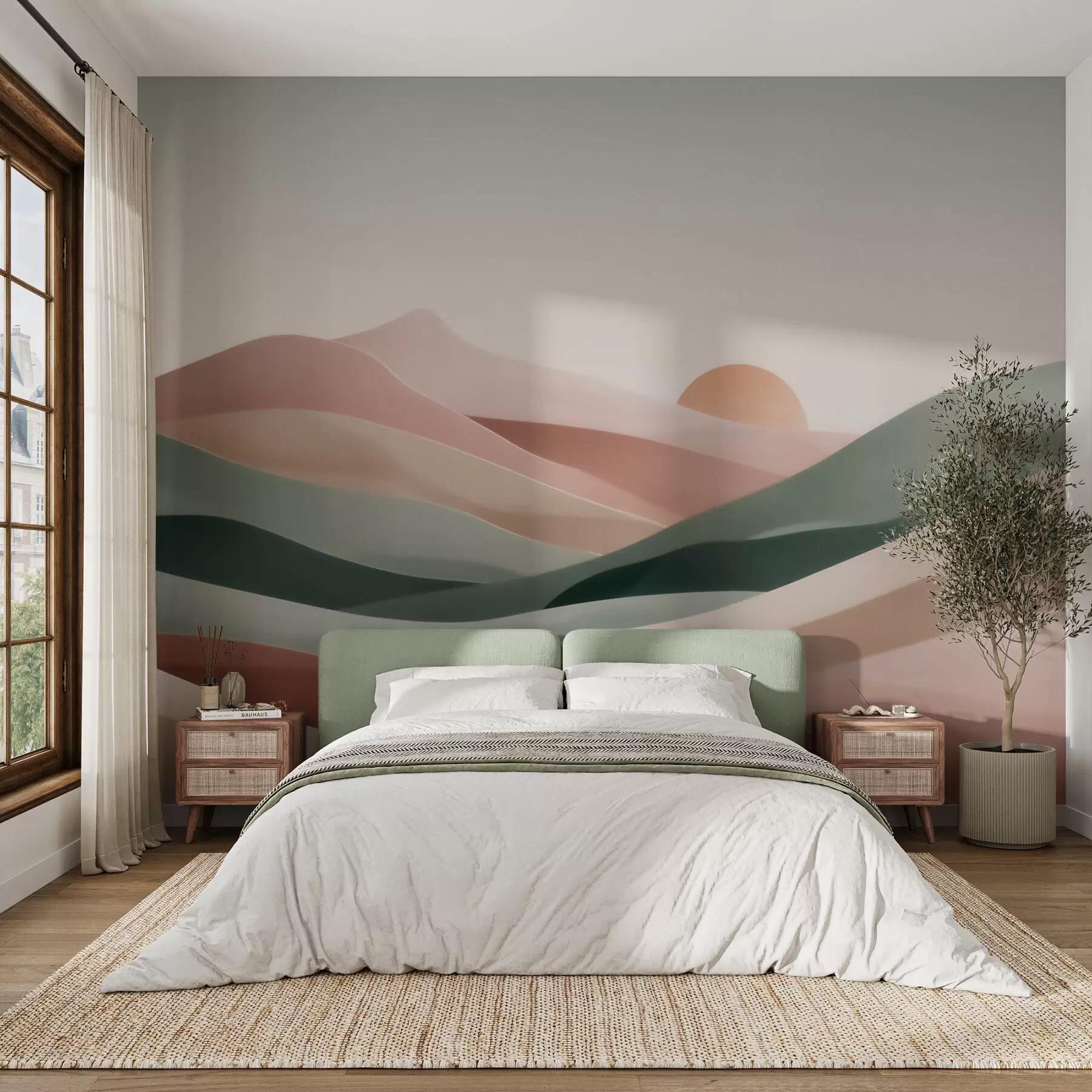 Wall Mural Photo Wallpaper Abstract desert landscape in a pastel green-pink palette, minimalism w09860