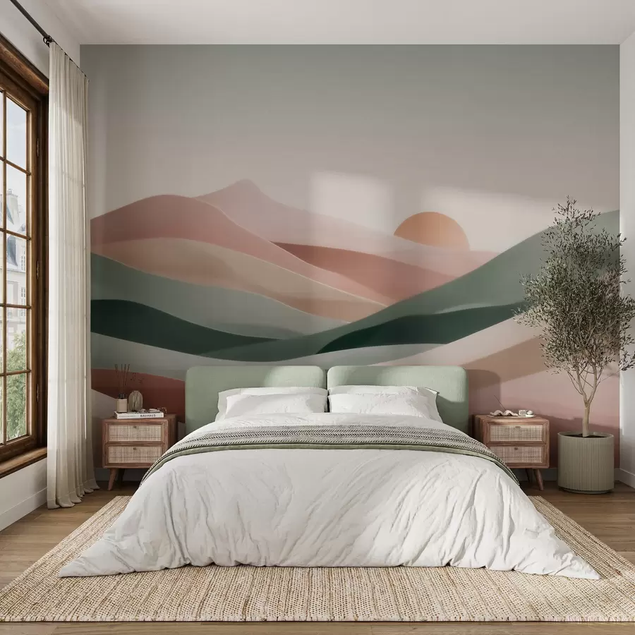 Wall Mural Photo Wallpaper Abstract desert landscape in a pastel green-pink palette, minimalism w09860