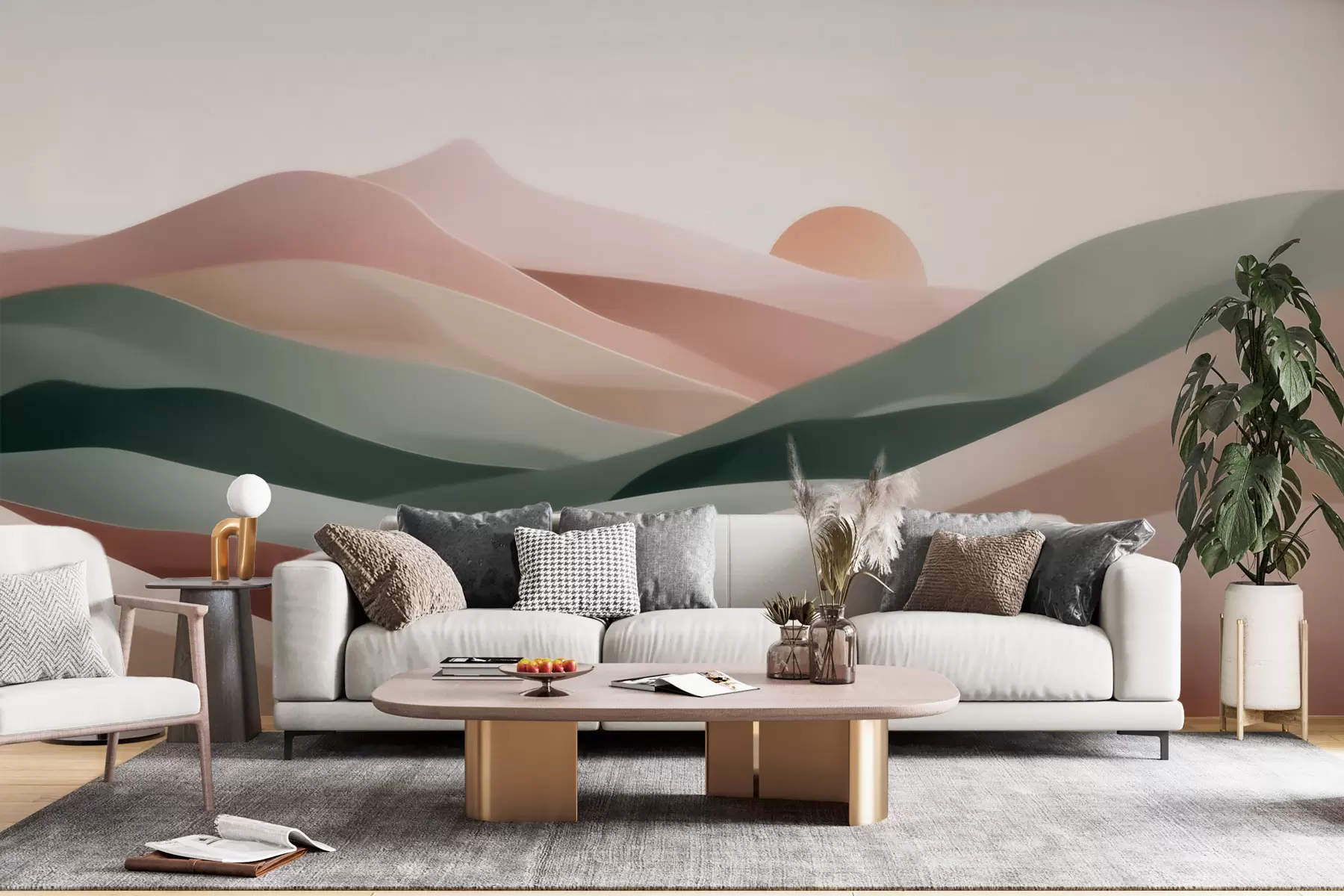 peintures murales Paysage désertique abstrait dans une palette de tons pastel vert-rose, minimalisme w09860
