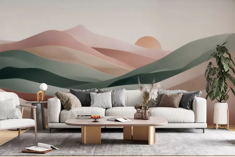 peintures murales Paysage désertique abstrait dans une palette de tons pastel vert-rose, minimalisme w09860