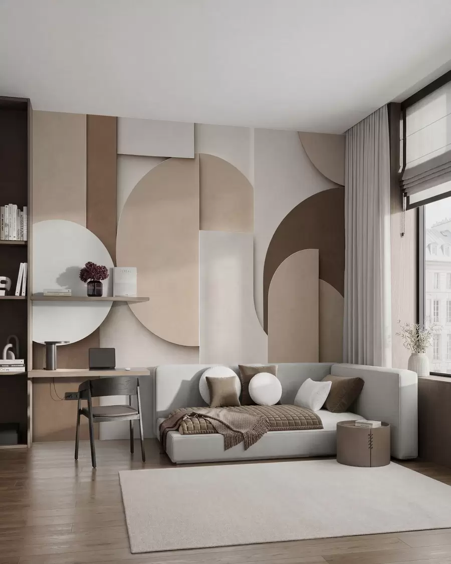 wall murals Textured beige geometric shapes in layered 3D composition, minimalist modern wall art w05598