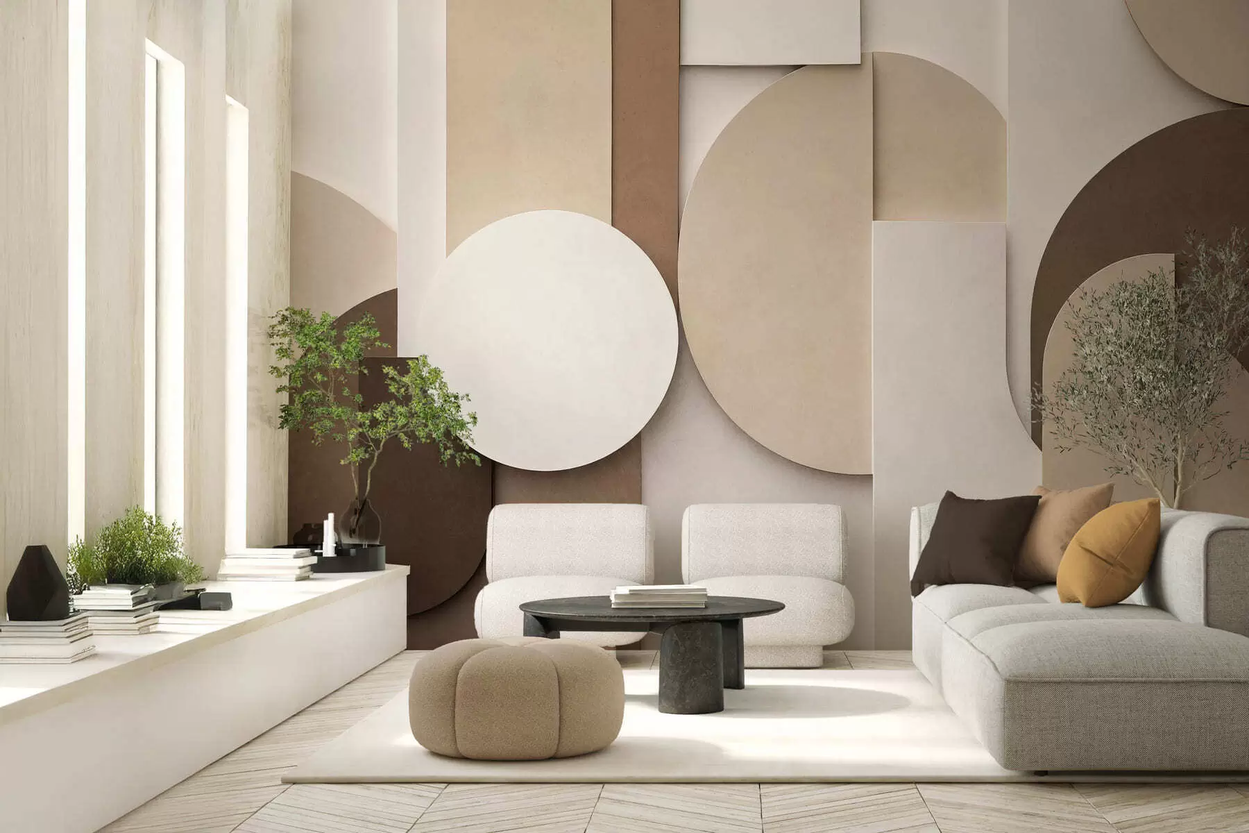 peintures murales Motifs géométriques beiges texturés dans une composition 3D en superposition, décoration murale minimaliste et moderne w05598