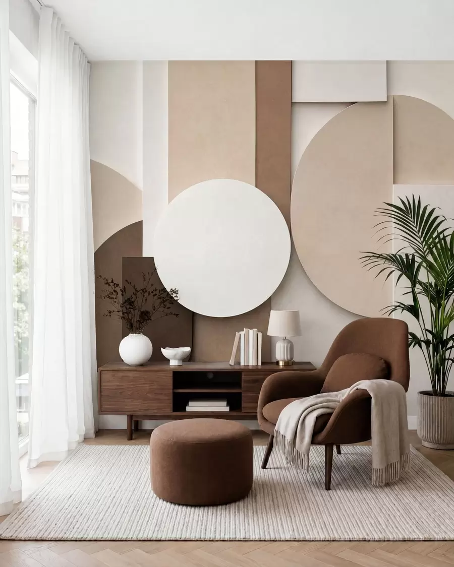 murales Formas geométricas en beige con textura en una composición tridimensional en capas; obra de arte minimalista y moderna para la pared w05598