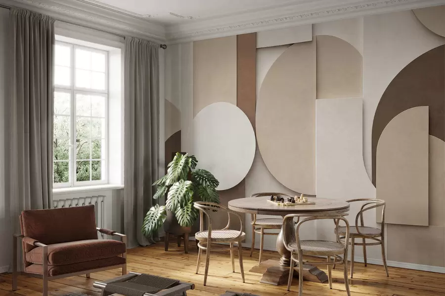 peintures murales Motifs géométriques beiges texturés dans une composition 3D en superposition, décoration murale minimaliste et moderne w05598