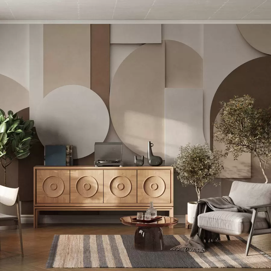 murales Formas geométricas en beige con textura en una composición tridimensional en capas; obra de arte minimalista y moderna para la pared w05598