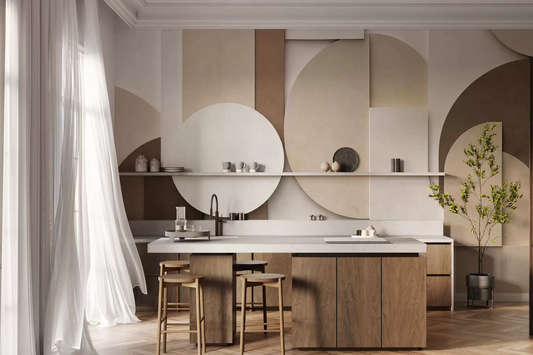 murales Formas geométricas en beige con textura en una composición tridimensional en capas; obra de arte minimalista y moderna para la pared w05598