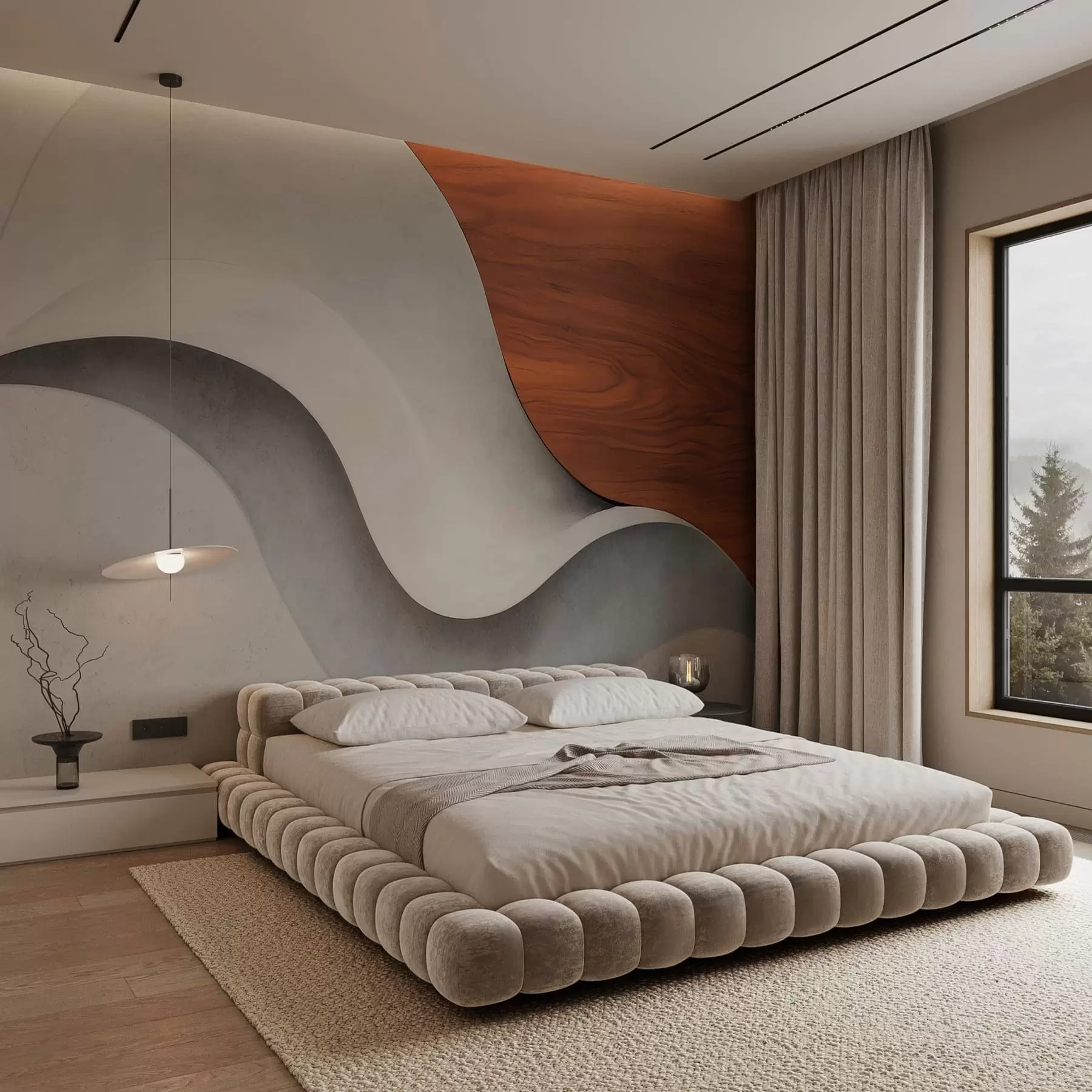 Wall Mural Photo Wallpaper Flowing abstract waves with warm wood accents, minimalist contemporary design w05599