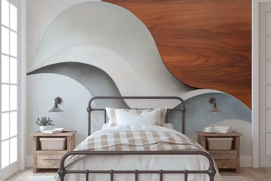 murais de parede Ondas abstratas fluidas com toques quentes de madeira, num design minimalista e contemporâneo w05599