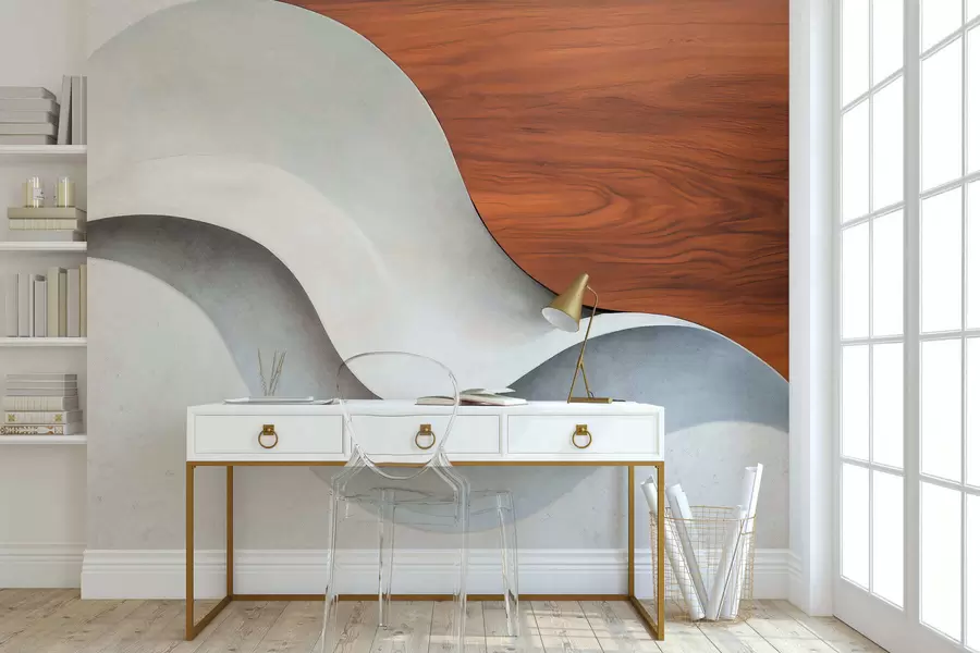 murais de parede Ondas abstratas fluidas com toques quentes de madeira, num design minimalista e contemporâneo w05599