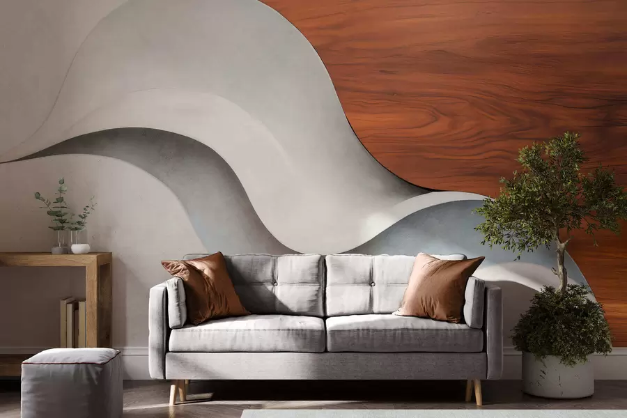 Wall Mural Photo Wallpaper Flowing abstract waves with warm wood accents, minimalist contemporary design w05599