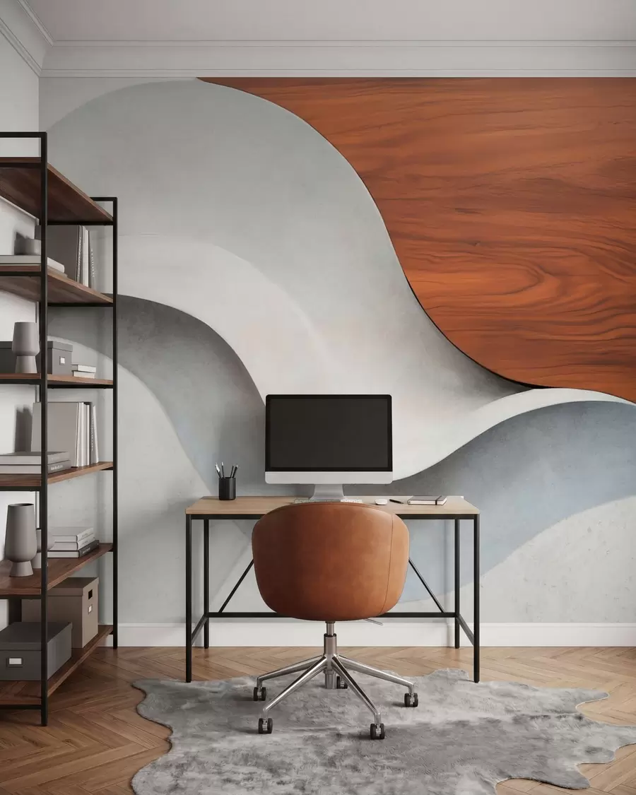 wall murals Flowing abstract waves with warm wood accents, minimalist contemporary design w05599