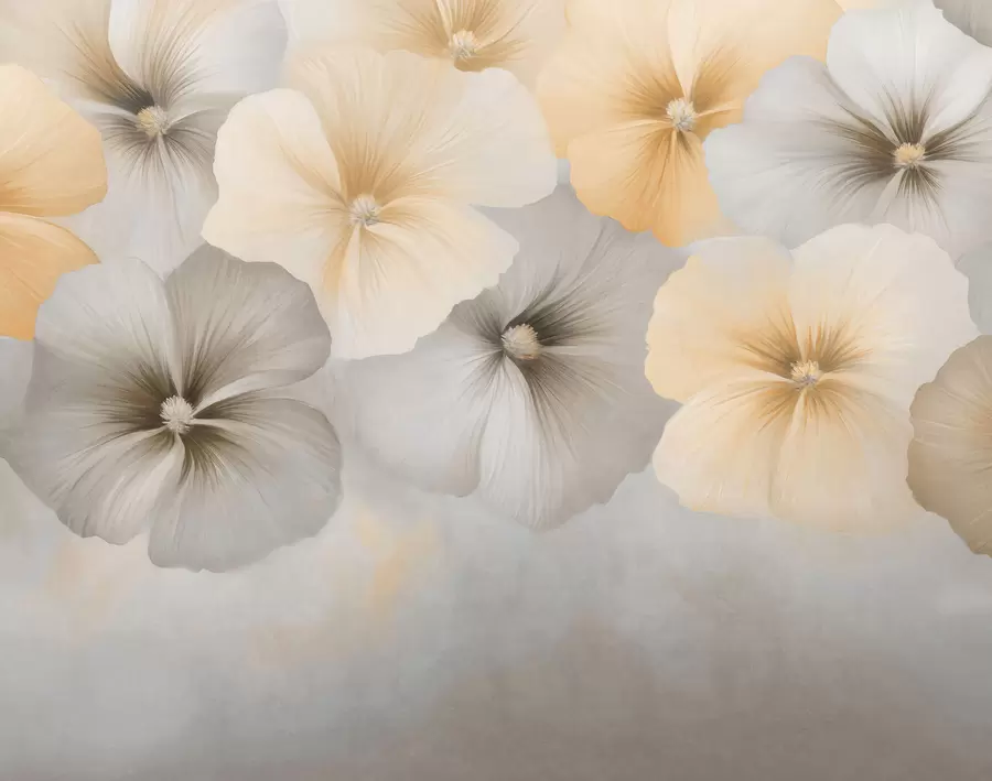 peintures murales Des fleurs aux couleurs pastel, dans des tons jaune crème et gris, sur un fond délicat w05600