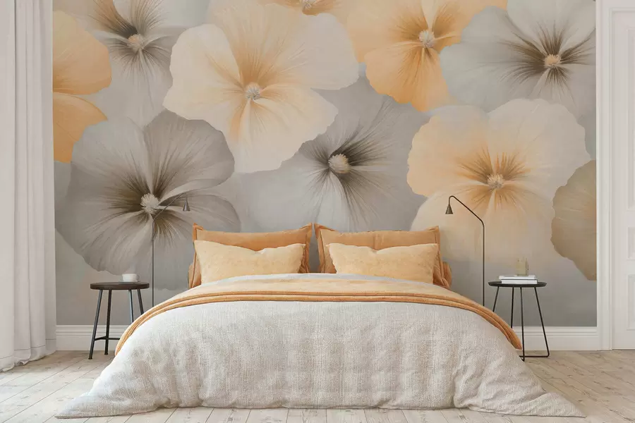 wall murals Soft pastel flowers with creamy yellow and gray tones on a delicate background w05600