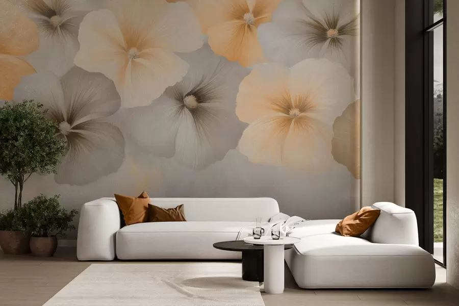murales Flores en tonos pastel suaves, con matices de amarillo cremoso y gris, sobre un fondo delicado w05600
