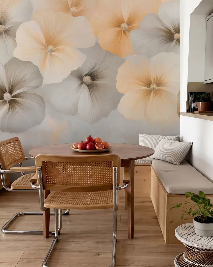 wall murals Soft pastel flowers with creamy yellow and gray tones on a delicate background w05600